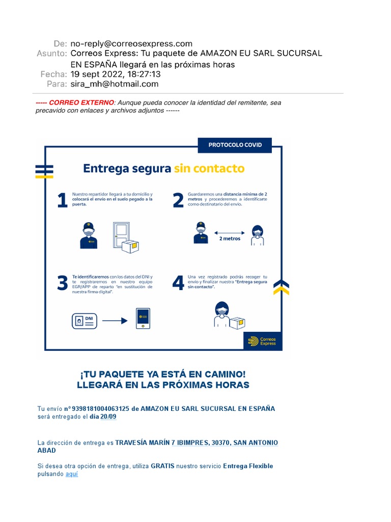 Correos Express Tu Paquete de AMAZON EU SARL SUCURSAL en ESPAÑA Llegará
