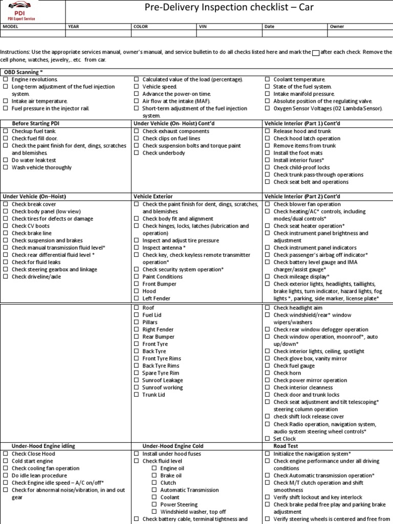 PreDelivery Inspection Checklist New Car PDF