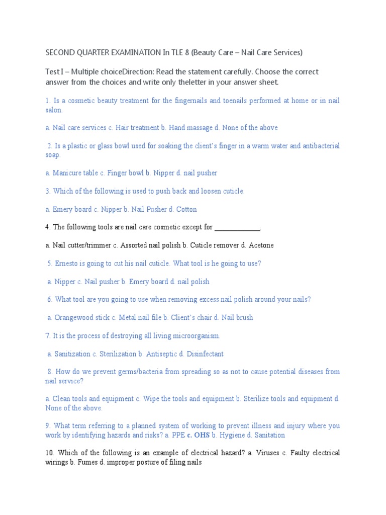 TLE 9 (Exam) PDF Nail (Anatomy) Clinical Medicine