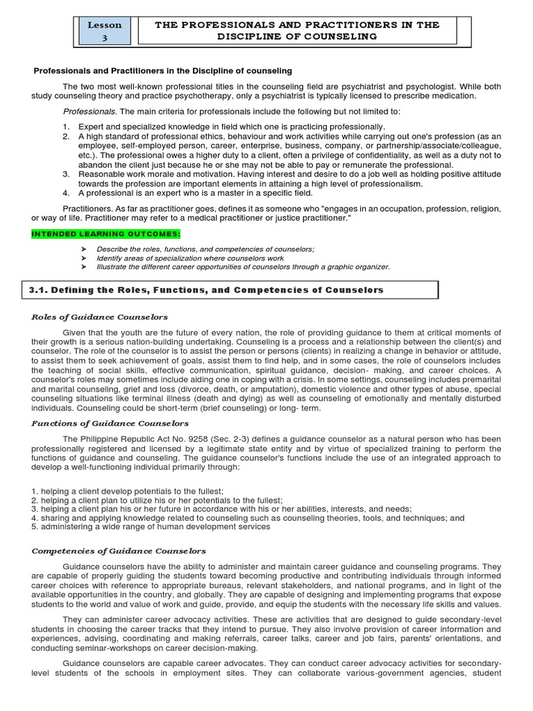 Roles and Functions of Counselors | PDF | Psychotherapy | Drug ...