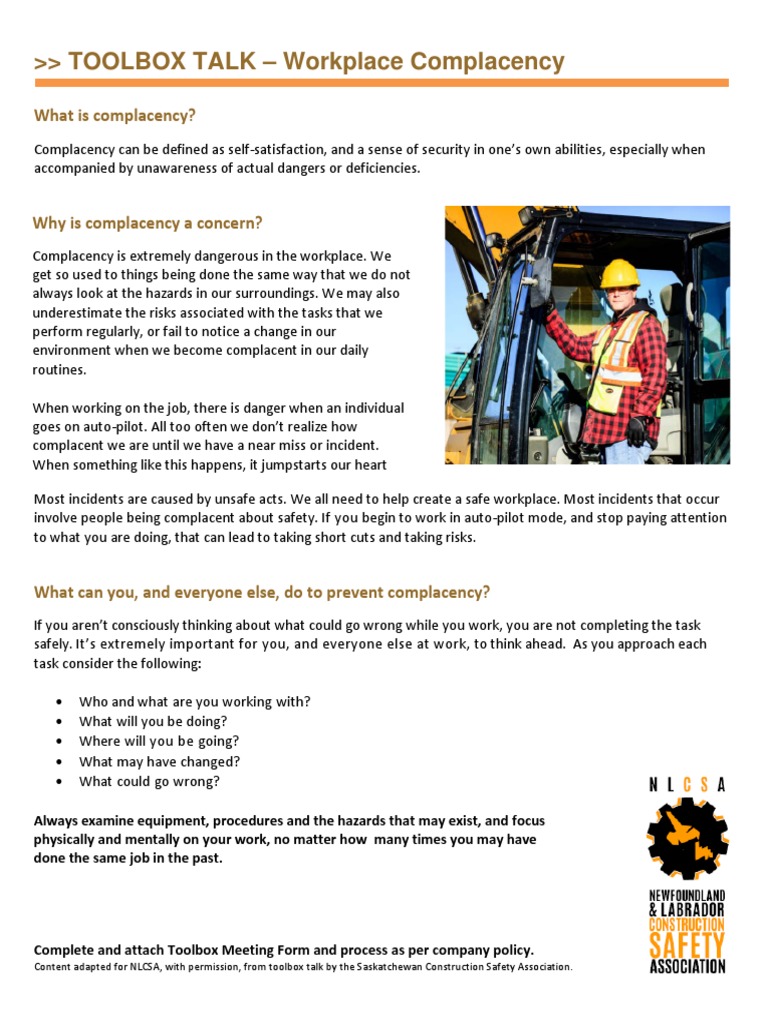 Workplace Complacency TBT Final 2018 | PDF | Occupational Safety And ...