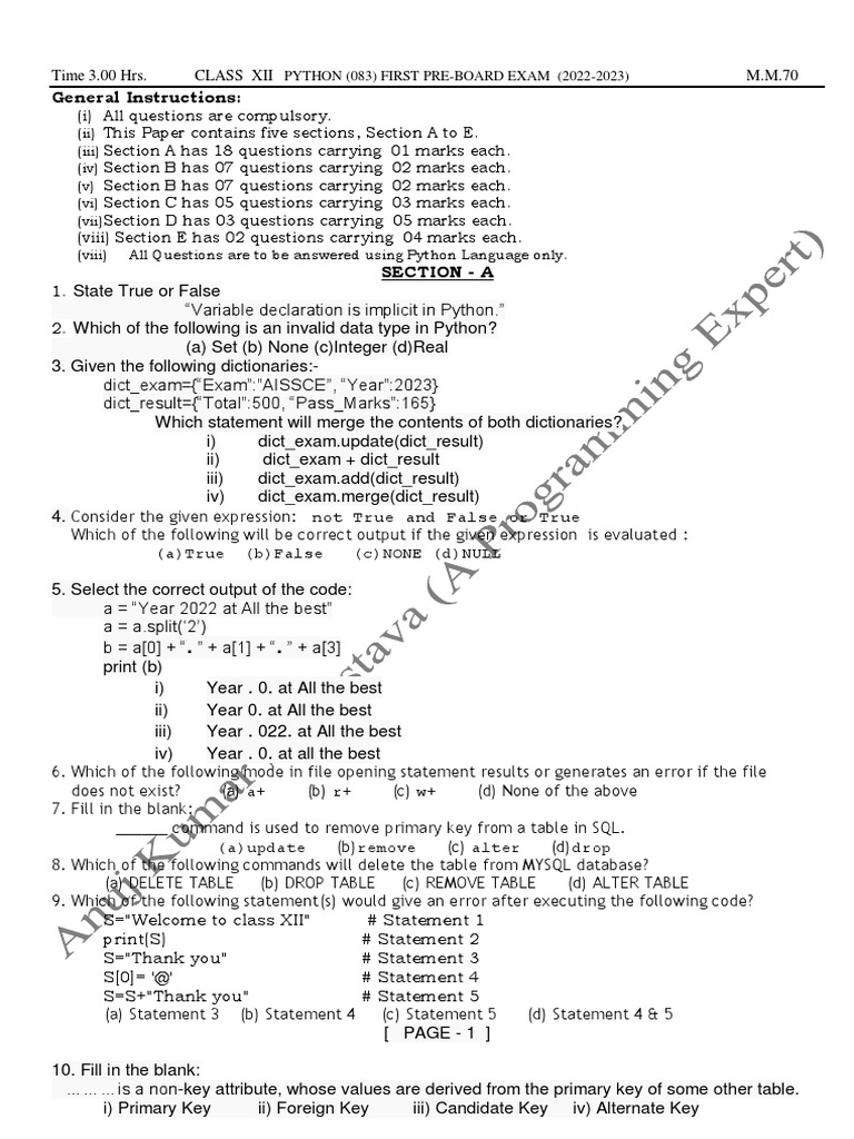 XII 1st PRE BOARD QP Withsolution 2023 | PDF | Computer Data | Computing
