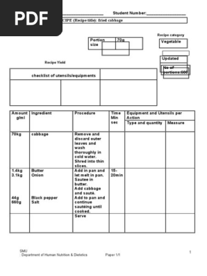 Blank Standardised Recipe Form fried cabbage