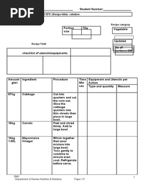 Blank Standardised Recipe Form Coleslaw