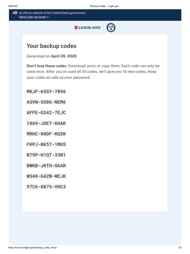 Backup codes login gov pdf