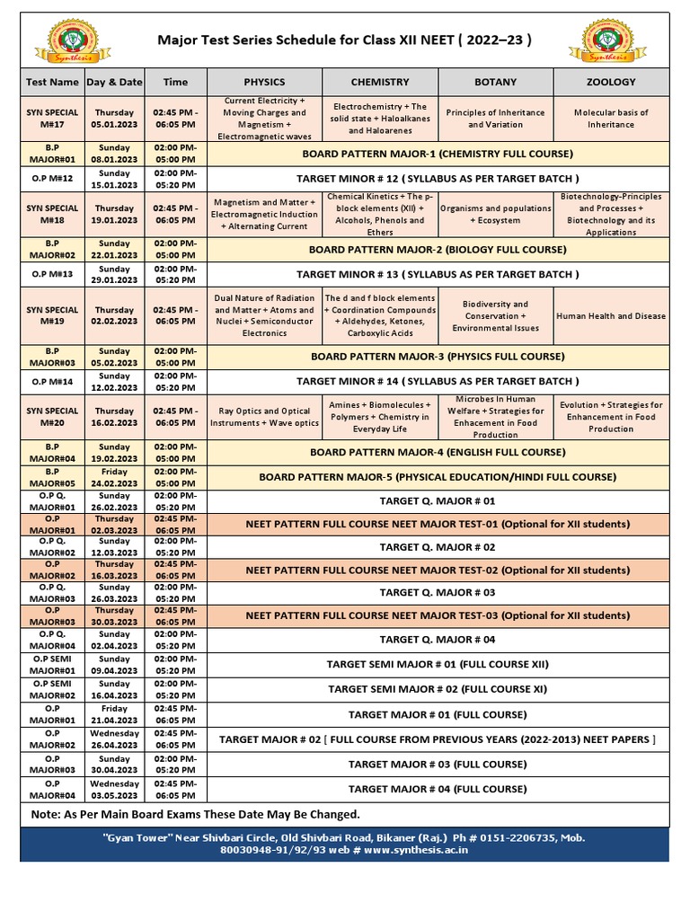 Major Test Series Schedule For XII (202223) PDF Chemistry Physics