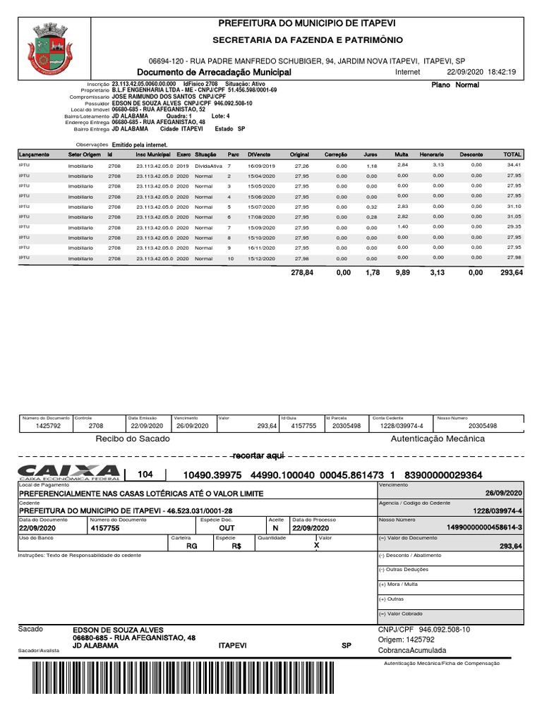 Documento de Arrecadação Municipal com Detalhamento de Lançamentos de ...