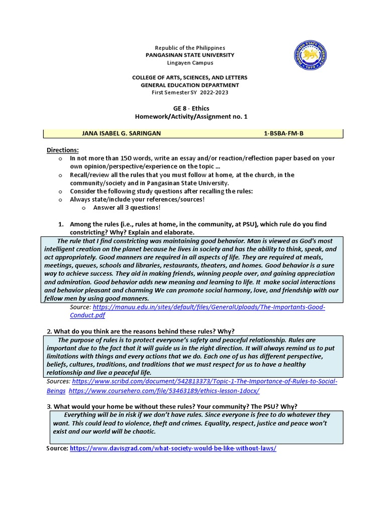 GE 8 Ethics Homework-Assignment No 1 | PDF | Career & Growth