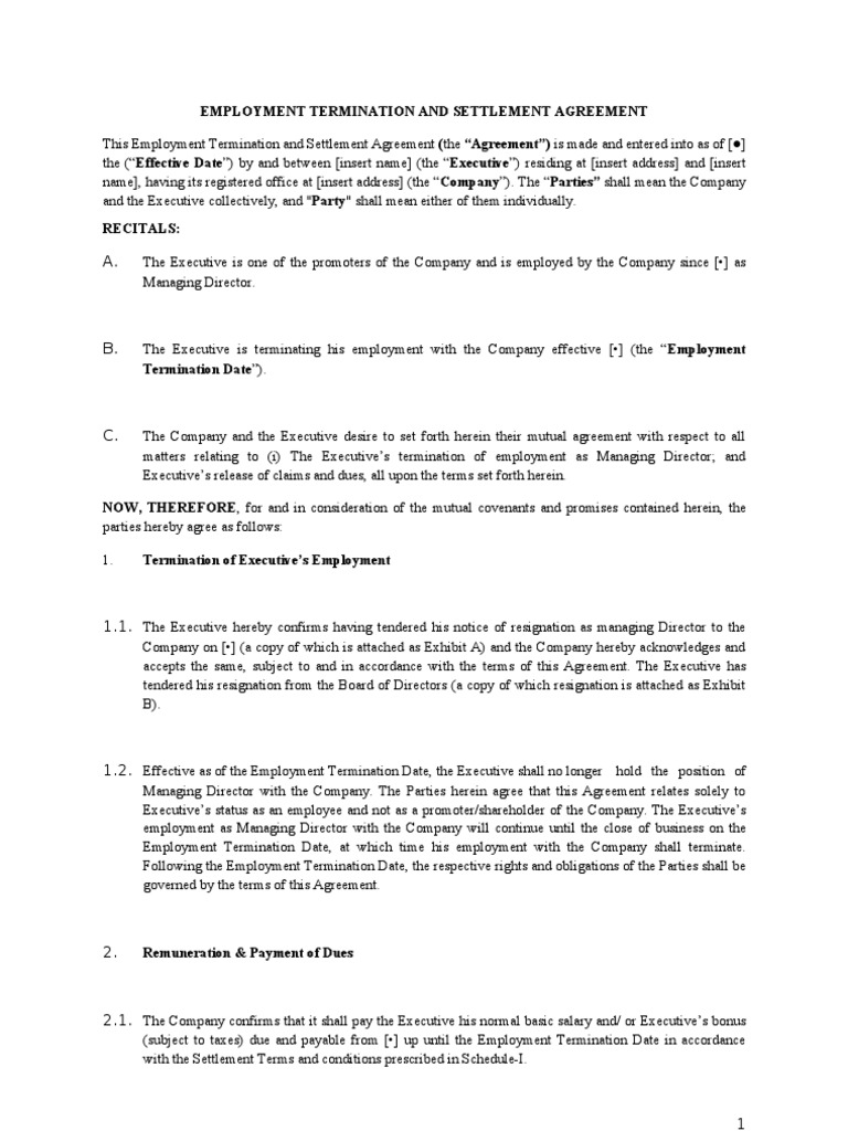 Employment Termination and Settlement Agreement | PDF | Board Of Directors  | Employment