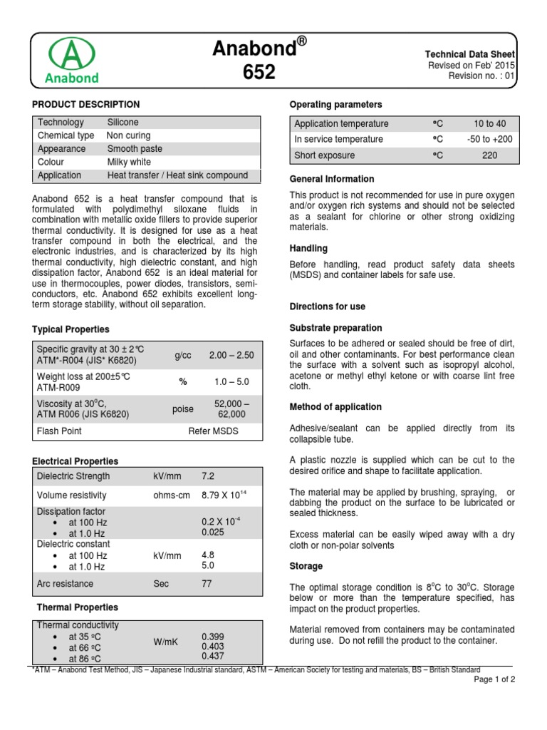 Anabond 652c Heat Sink Compound Thermally Conductive PDF Electrical