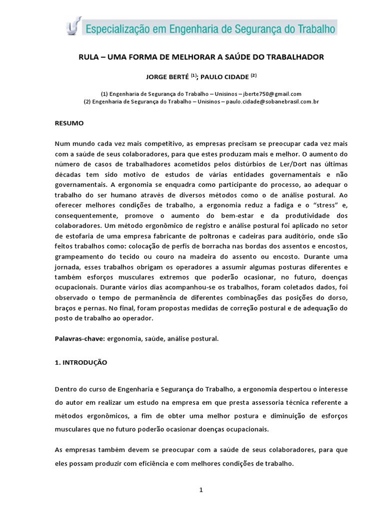 Ergonomia - Metodo Rula | PDF | Fatores humanos e Ergonomia