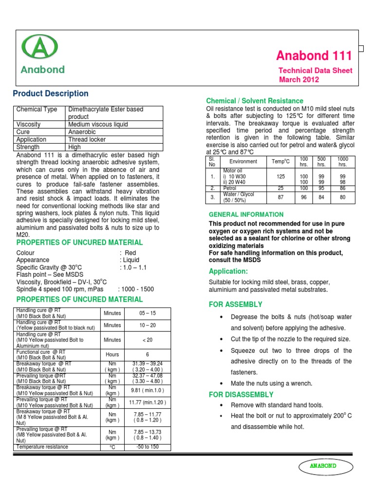 Anabond 111 High Strength Thread Locker | PDF | Nut (Hardware) | Screw