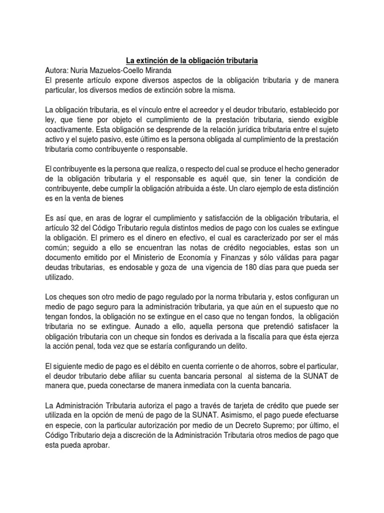 Medios de Extinción de la Obligación Tributaria | PDF | Pagos | Impuestos