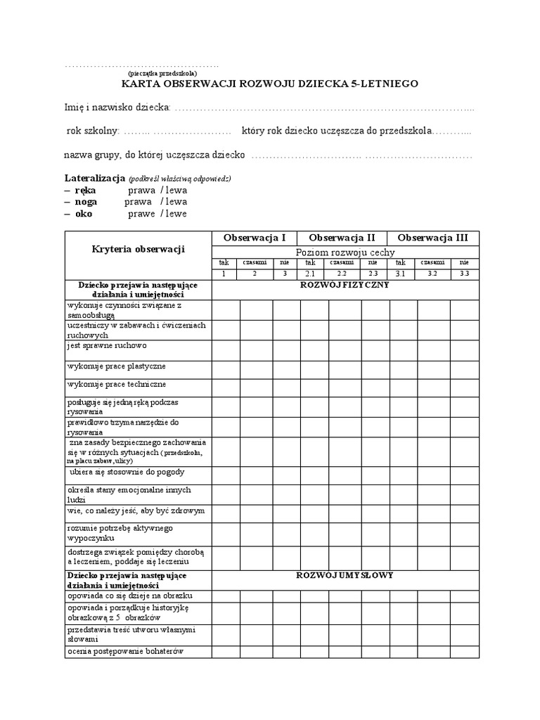 Karta Obserwacji 5 Latka Wg Nowej Podstawy Programowej