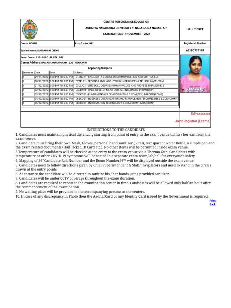 Welcome To ANU CDE Hall Tickets PDF Test (Assessment)