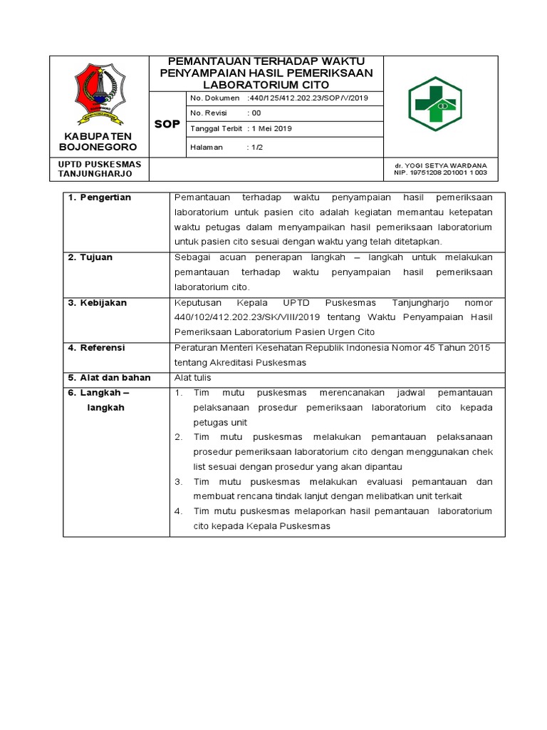 SOP Pemantauan Terhadap Waktu Penyampaian Hasil Lab Cito | PDF