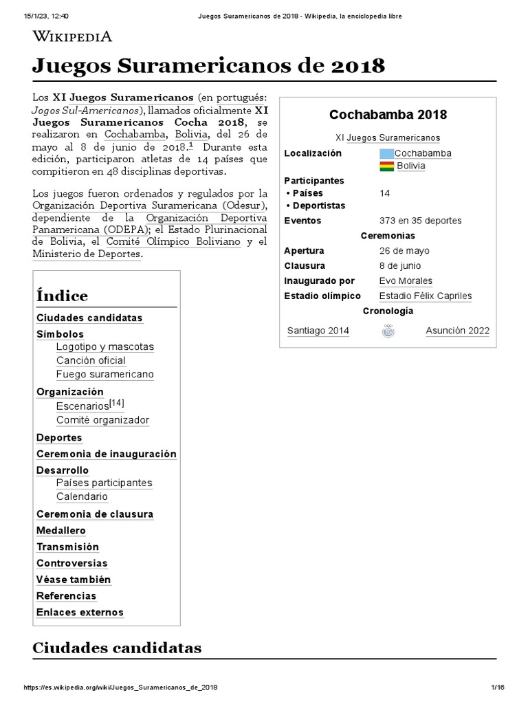 Juegos Suramericanos de 2018 - Wikipedia, La Enciclopedia Libre | PDF ...