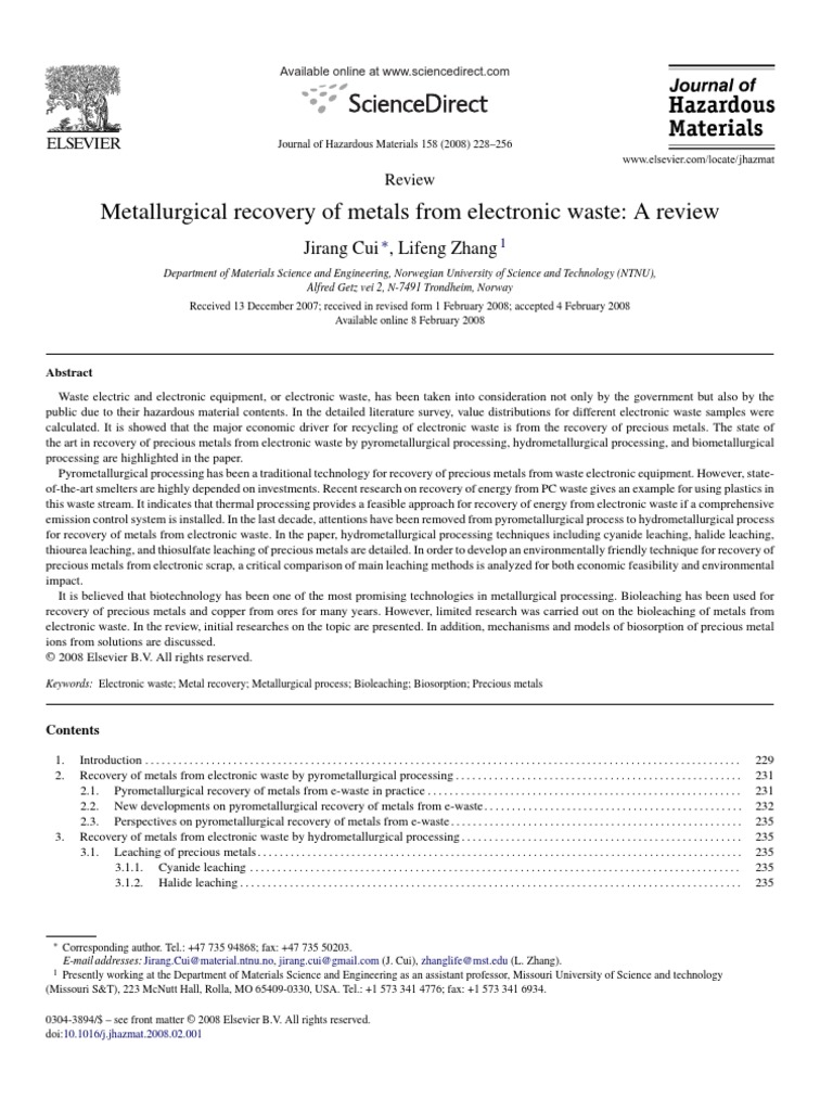 9 Metallurgical Recovery of Metals From Electronic Waste | PDF ...