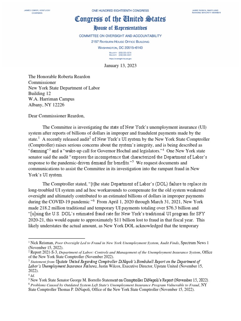 2023 01 13 Ny Ui Fraud Letter To Ny Dol - Final | PDF | Unemployment ...