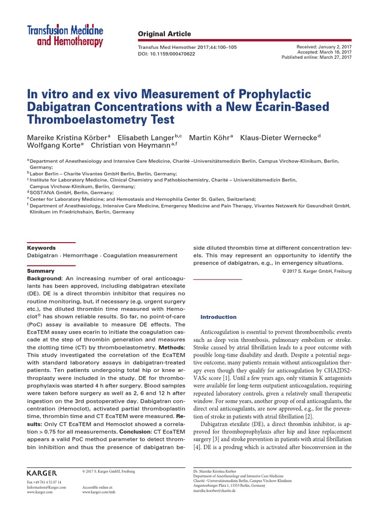 In Vitro and Ex Vivo Measurement of Prophylactic Dabigatran