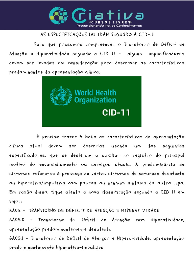 Classificação do TDAH na CID-11 | PDF | Transtorno de déficit de ...