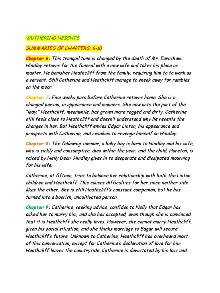 Wuthering Heights Chapter Summaries 6-10 | PDF | Heathcliff (Wuthering ...