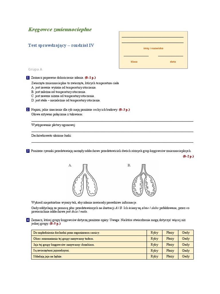 Test Sprawdzajacy Po Dziale IV Kregowce Zmiennocieplne | PDF