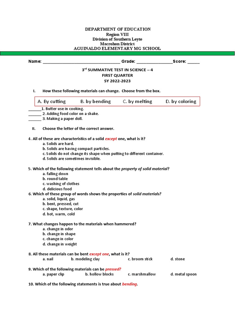 3rd Summative Test in Science - Grade 4 | PDF | Solid | Clay