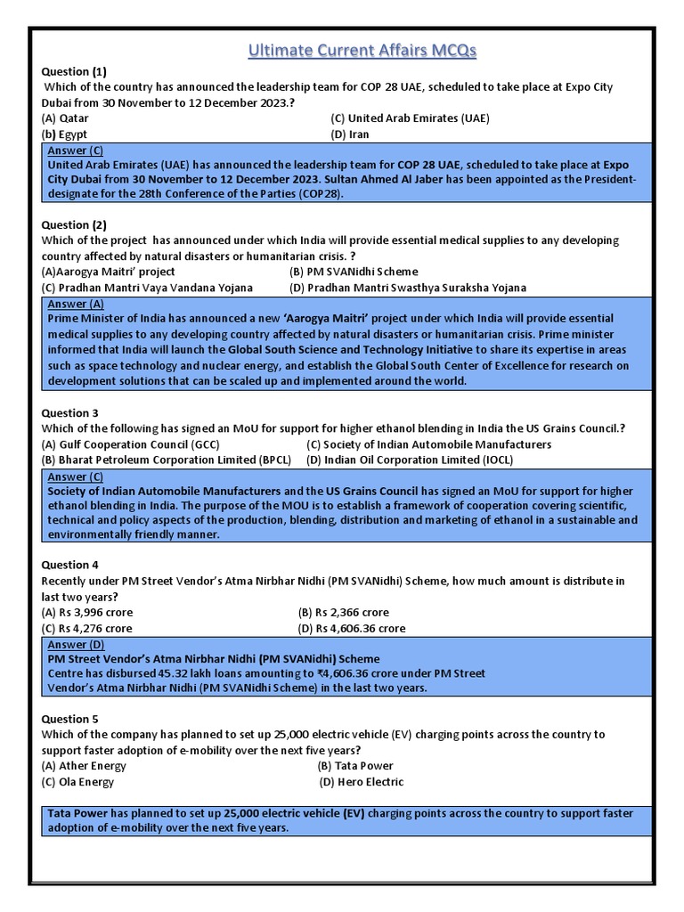 Current Affairs MCQs: UAE & India Insights | PDF | United Arab Emirates ...