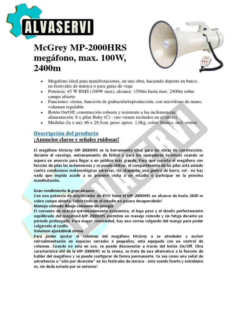McGrey MP-200S Mégaphone Puissant 60 W Max - Portée 1000 M, Sirène + Sifflet, Idéal Événements