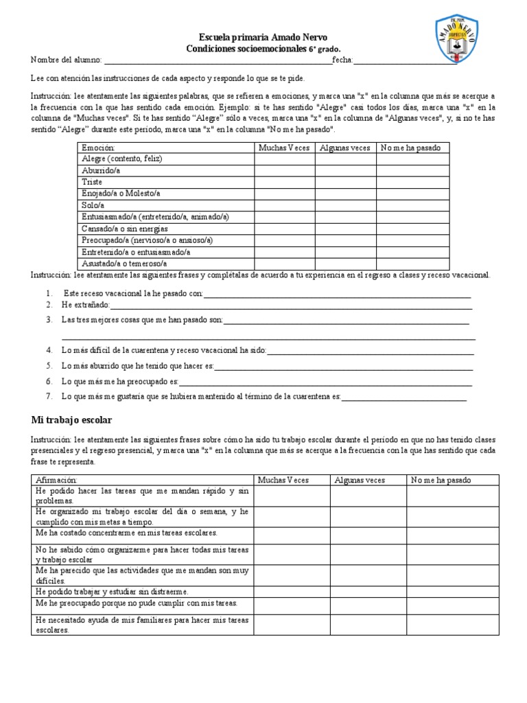 Evaluación Socioemocial Sexto Grado | PDF