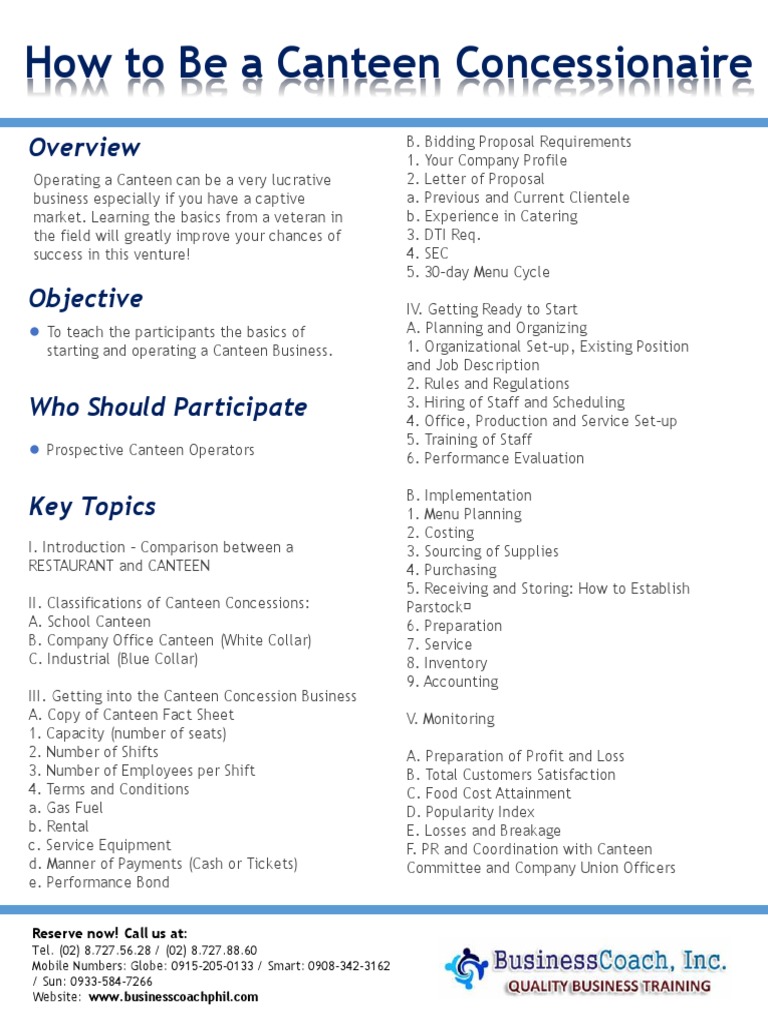 How To Be A Canteen Concessionaire PDF Cafeteria Economies