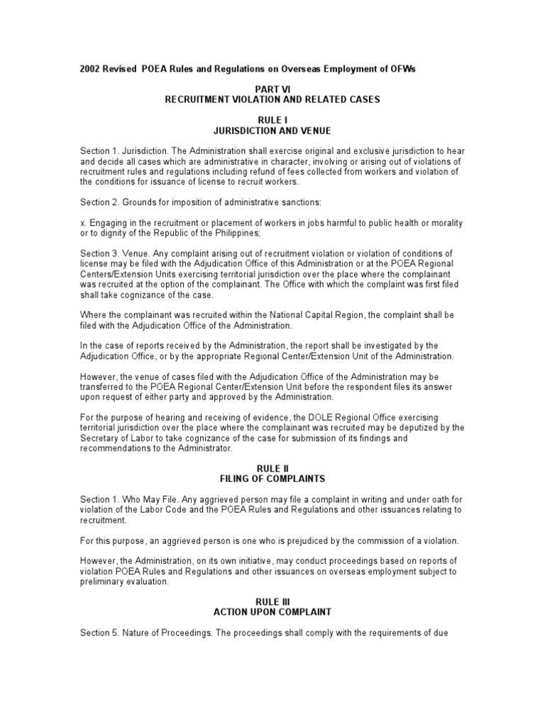 2002 Revised POEA Rules and Regulations On Overseas Employment of OFWs ...