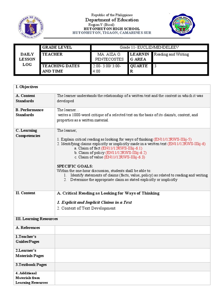 Grade 11 Critical Reading Lesson Plan | PDF | Teachers | Learning