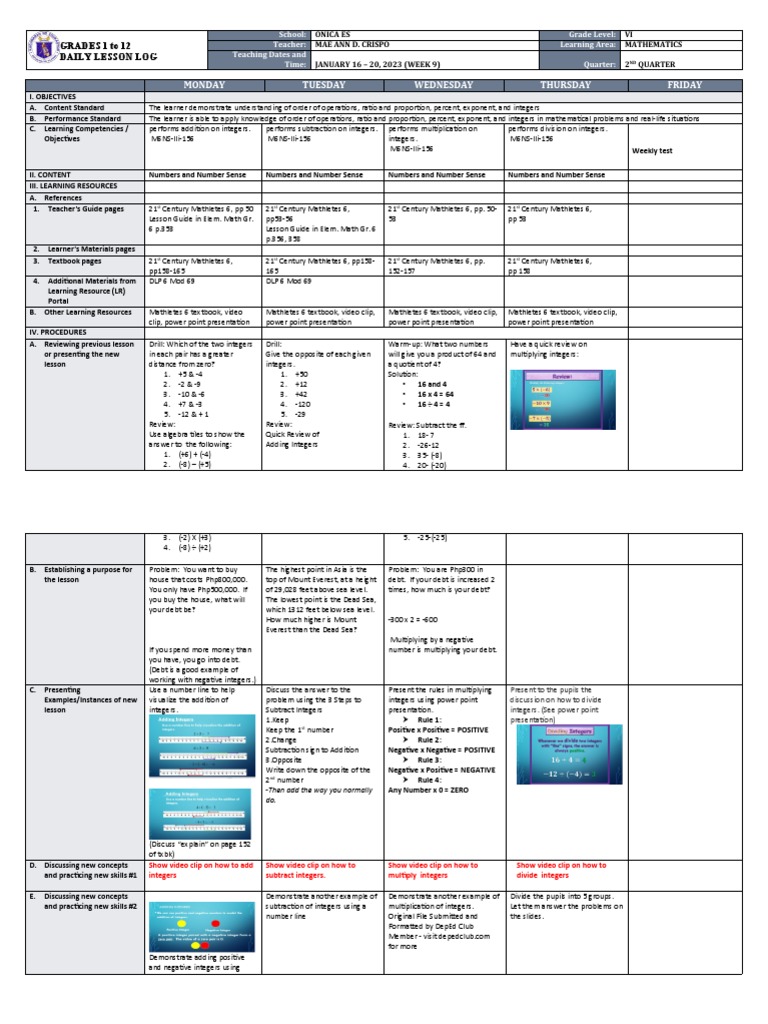 Grade 6 Math Daily Lesson Plan | PDF
