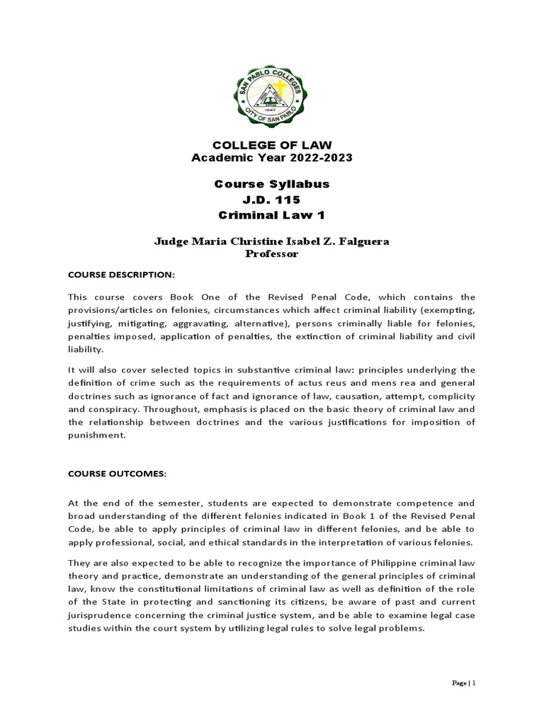 Syllabus Criminal Law 1 Ay 2022 23 Judge Falguera Pdf