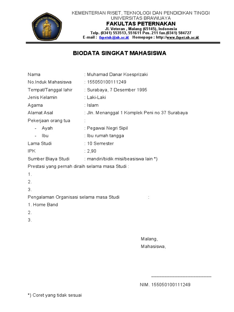 Biodata Singkat Mahasiswa | PDF