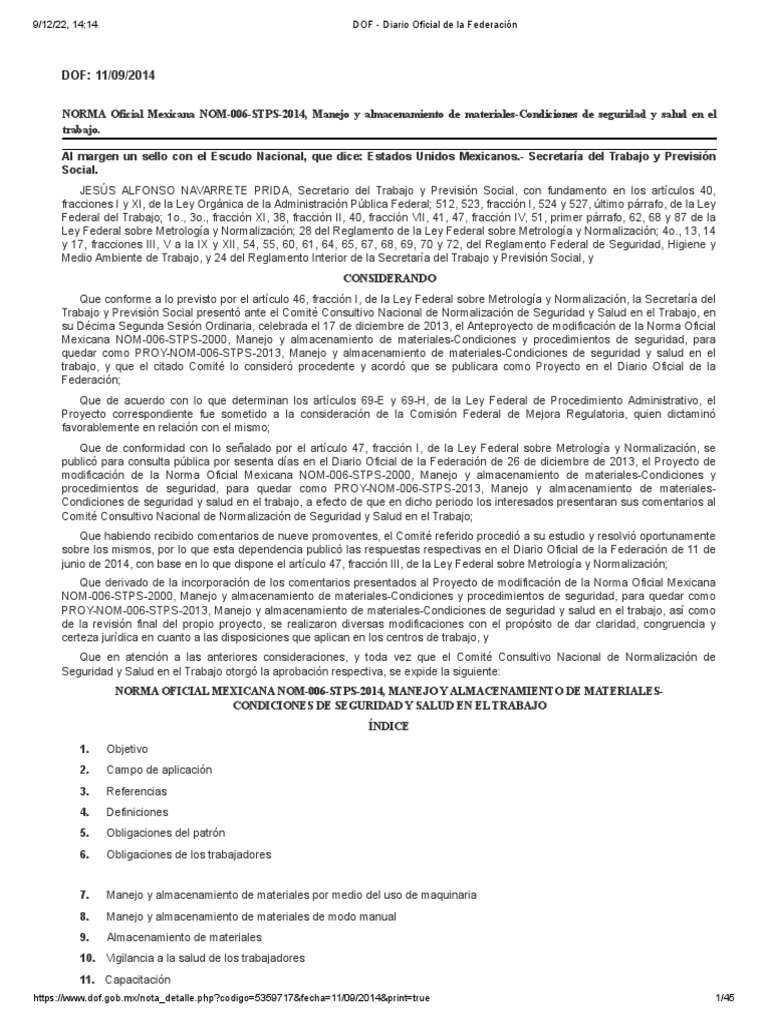 NOM-006-STPS-2014: Manejo y Almacenamiento de Materiales | PDF ...