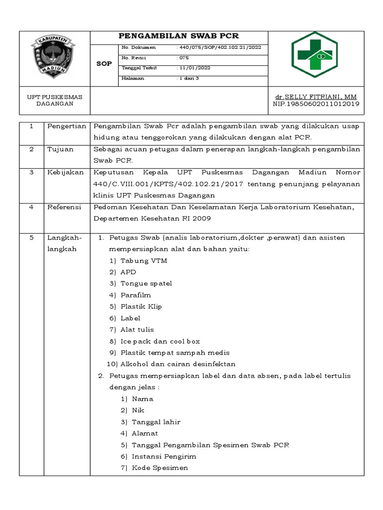 SOP Pengambilan Swab PCR Puskesmas | PDF