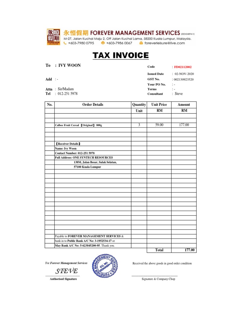 Tax Invoice for Calbee Fruit Cereal | PDF