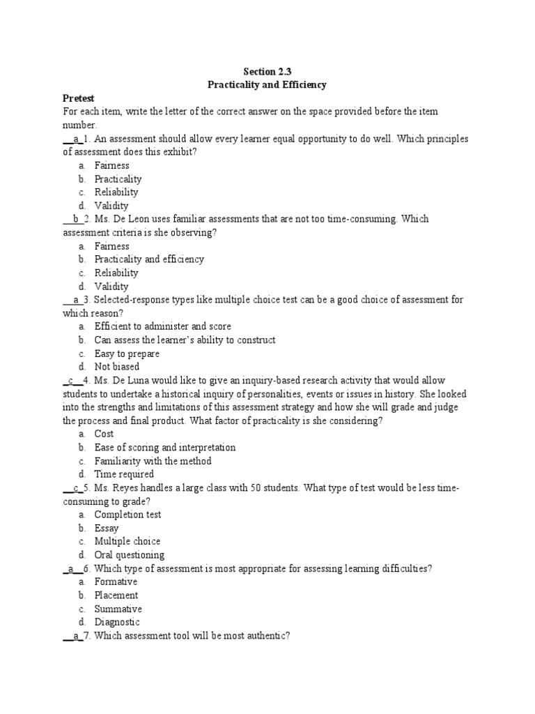 Practicality and Efficiency in Assessment | PDF | Educational ...