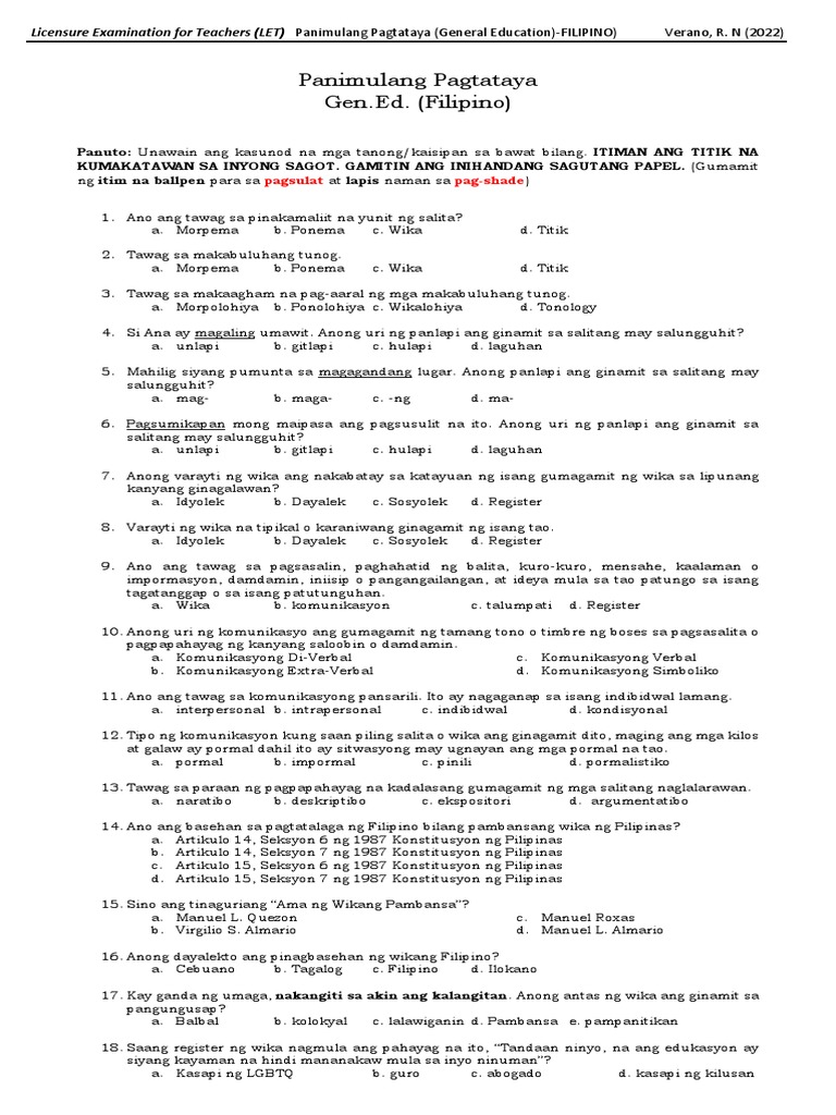 PreTest LET | PDF