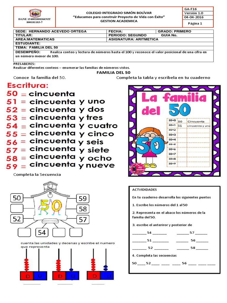 Conoce La Familia Del 50. Completa La Tabla y Escribela en Tu Cuaderno ...