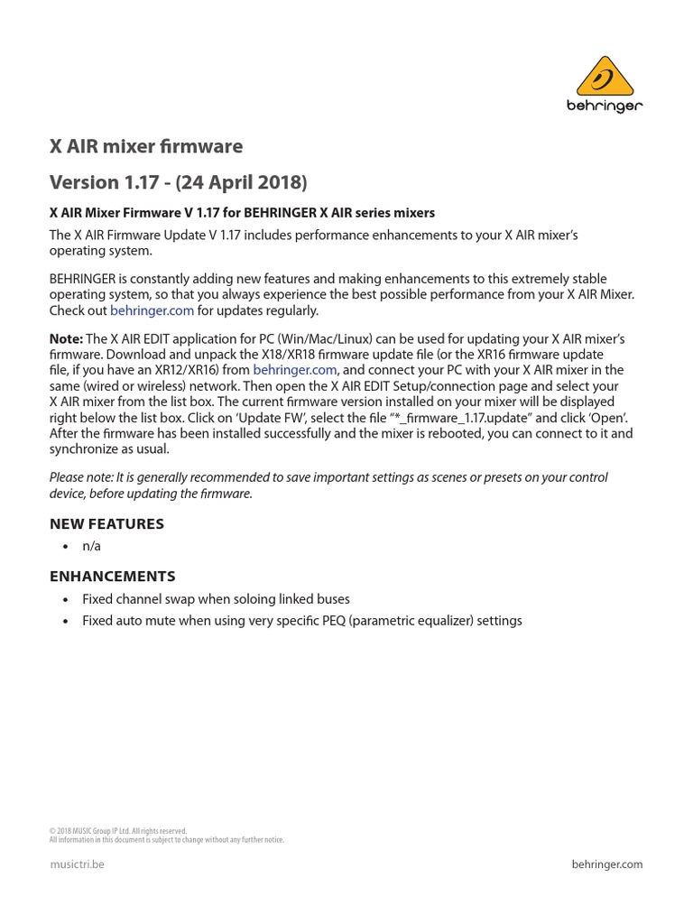 X AIR Mixer Firmware 1.17 PDF