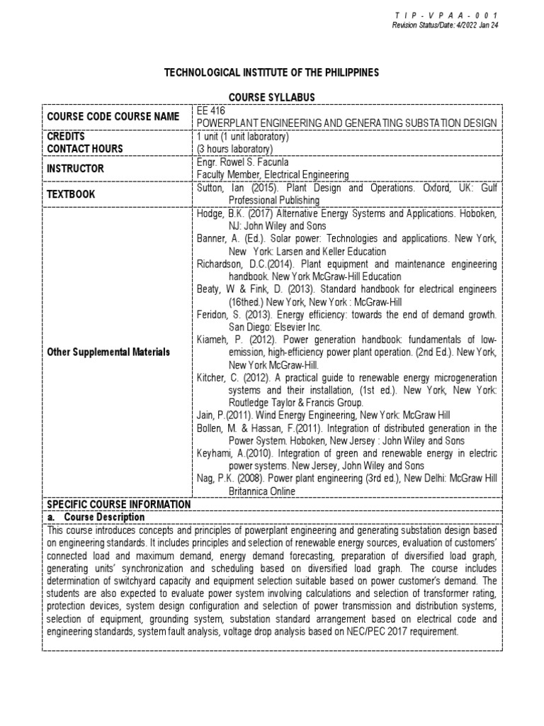 Ee 416 Syllabus PDF Electrical Substation Electric Power
