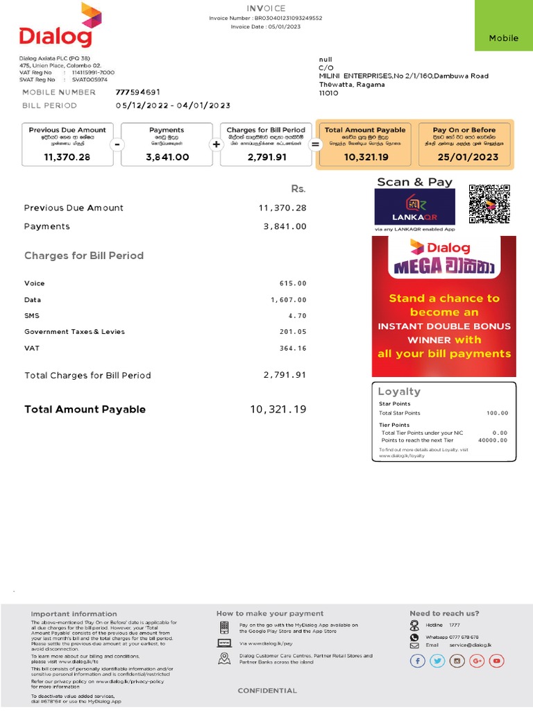 Dialog Mobile Bill Breakdown | PDF | Value Added Tax | Economies