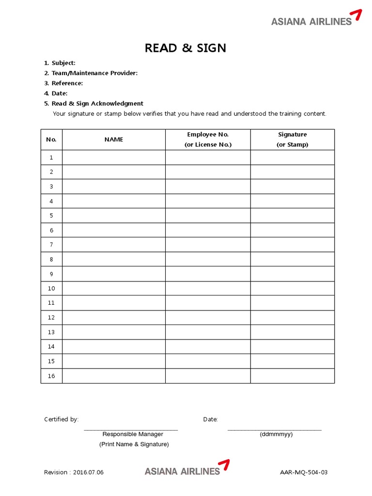 (AAR) Read & Sign Form | PDF