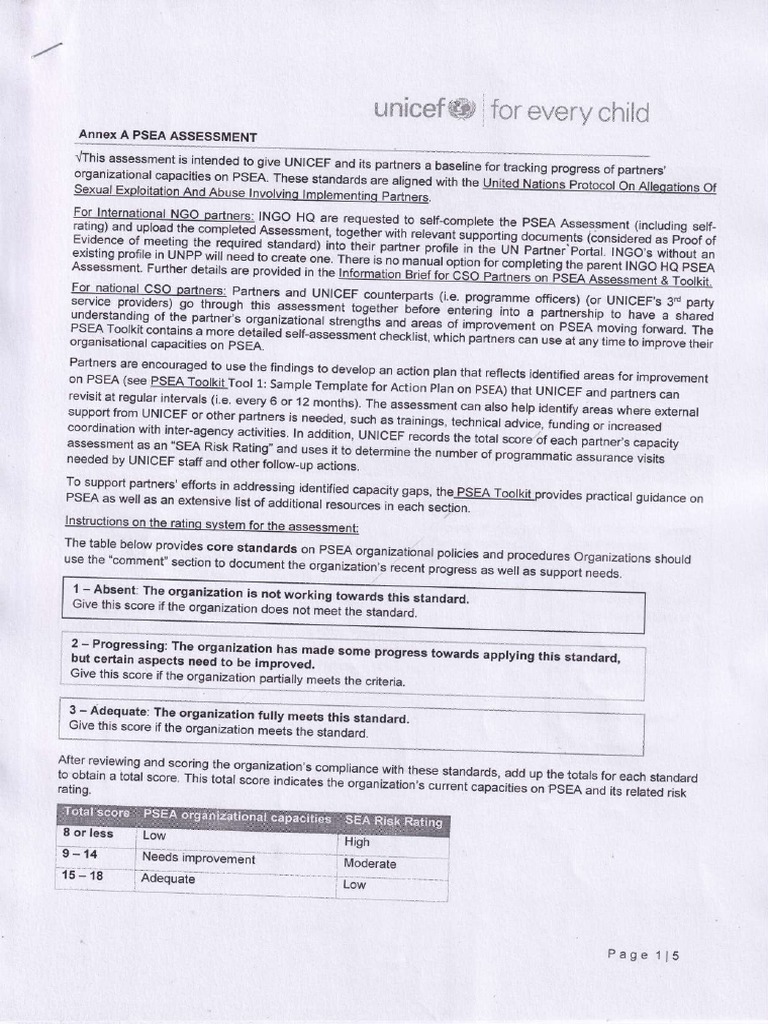 Annex A PSEA ASSESSMENT | PDF