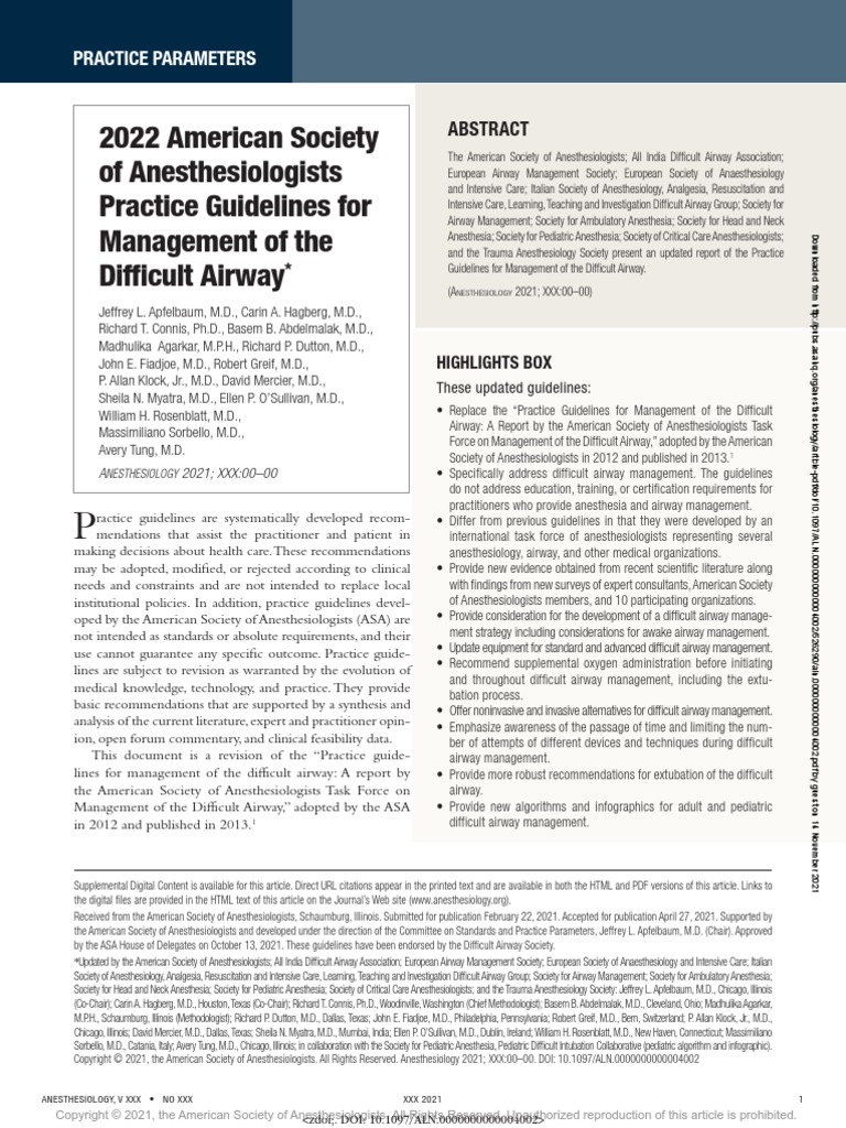 2022 ASA Practice Guidelines For Management of The Difficult Airway ...