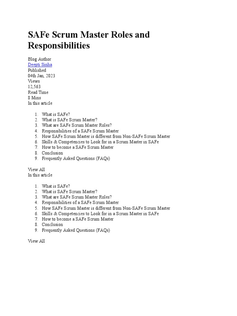 Safe Scrum Master Roles And Responsibilities Pdf Scrum Software